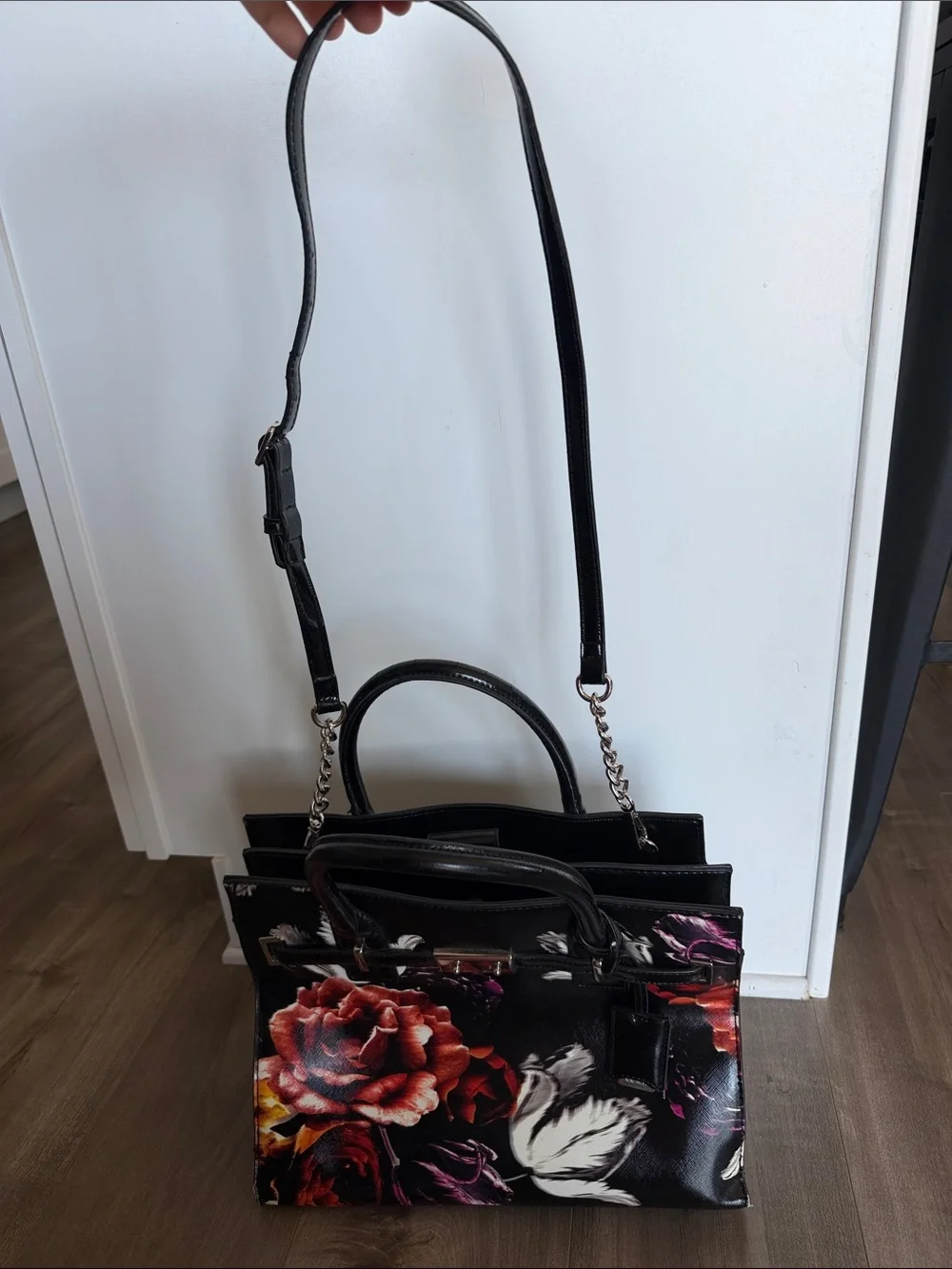 Nine West Black Floral Leather Tote Bag with Red Rose Print